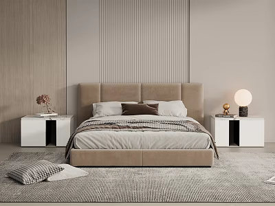 Modern Double Bed Featuring Beige Upholstered Headboard White Nightstands Table Lamp and Grey Rug 3d model
