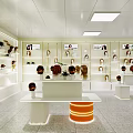 Mall Wig Shop Interior with Mannequin Heads Shelves White Counters Orange Sign Bright Display Chairs