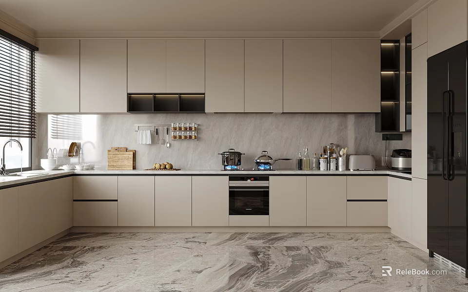 Modern Minimalist Kitchen Interior With Light Colored Cabinets And Marble Countertops 3d model