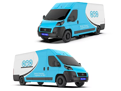 Blue And White Commercial Delivery Vans Featuring NTN Logo And Company Branding 3d model