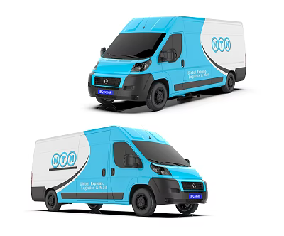 Blue And White Commercial Delivery Vans Featuring NTN Logo And Company Branding 3d model