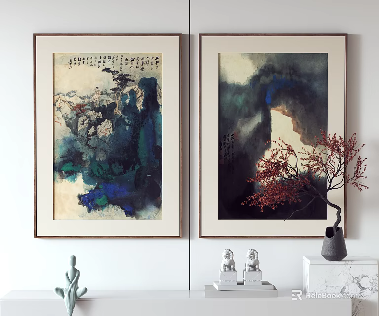Traditional Chinese Paintings On Wall With Decorative Ornaments And Plant 3d model 