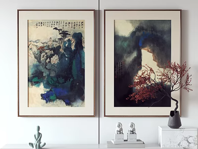 Traditional Chinese Paintings On Wall With Decorative Ornaments And Plant 3d model