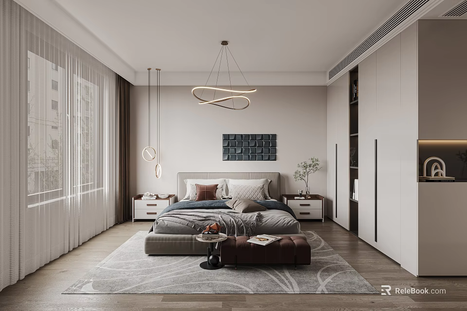 Modern Bedroom Interior With Comfortable Bed Nightstands Pendant Lights And Area Rug 3d model 