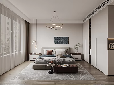 Modern Bedroom Interior With Comfortable Bed Nightstands Pendant Lights And Area Rug 3d model