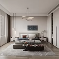 Modern Bedroom Interior With Comfortable Bed Nightstands Pendant Lights And Area Rug
