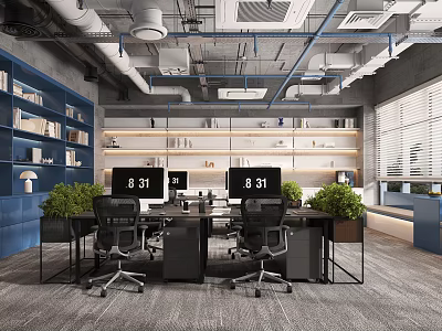 Contemporary Office Space With Ergonomic Chairs Desks And Shelving Units 3d model