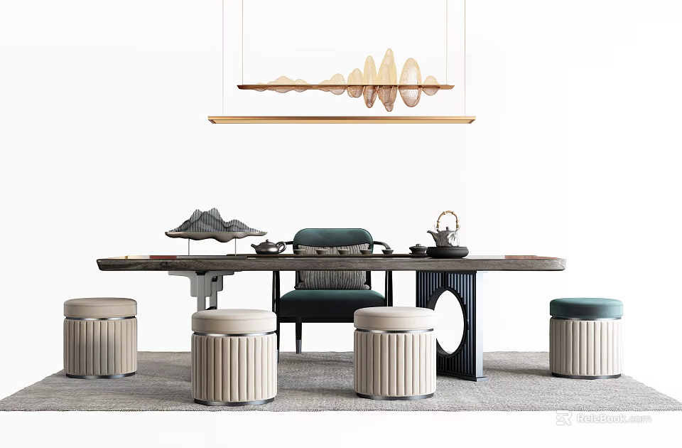 Modern Tea Table and Chairs Set With Hanging Light and Decorative Mountain Ornaments 3d model