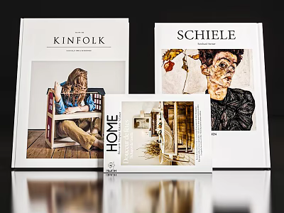 Display of Three Magazines Covers Including KINFOLK SCHIELE and HOME with Art Designs 3d model