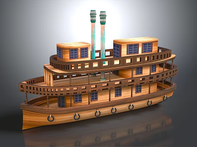 Classic Wooden Ship With Multiple Decks Green Chimneys Detailed Windows And Railings 3d model