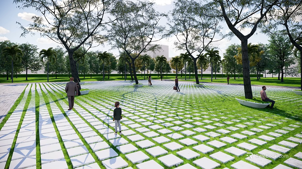 Garden Ornament With Grid Patterned Tiles Green Lawn And Trees For Walking 3d model 
