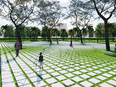 Garden Ornament With Grid Patterned Tiles Green Lawn And Trees For Walking 3d model