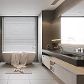 Modern Bathroom Interior With Glass Shower Bathtub And Window Blinds Design