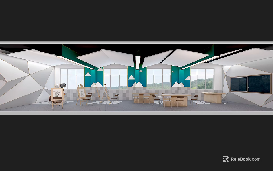 Modern School Open Learning Space Interior With Geometric Ceiling Large Windows And Wooden Tables 3d model 