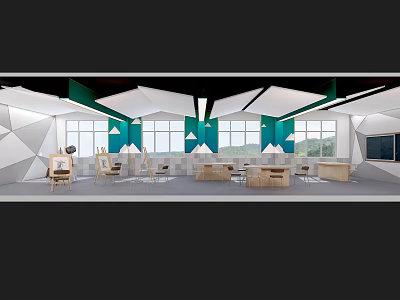 Modern School Open Learning Space Interior With Geometric Ceiling Large Windows And Wooden Tables 3d model