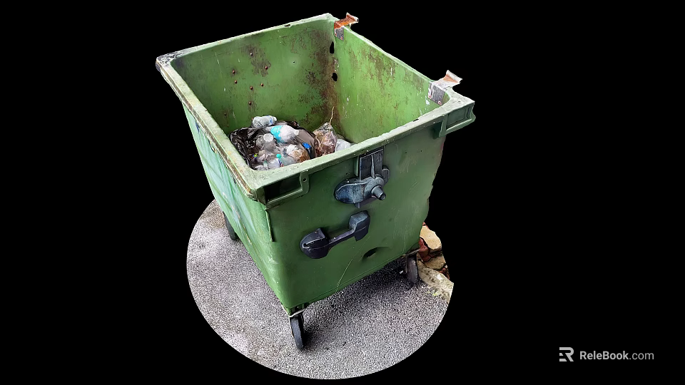 Green Trash Bin With Wheels Filled With Plastic Bottles And Waste On Ground 3d model 