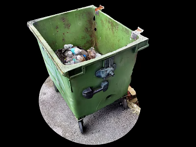 Green Trash Bin With Wheels Filled With Plastic Bottles And Waste On Ground 3d model