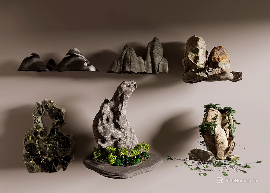 Natural Stone and Wood Decorative Pieces with Various Shapes and Green Foliage 3d model 