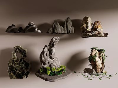 Natural Stone and Wood Decorative Pieces with Various Shapes and Green Foliage 3d model