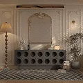 Elegant Entryway Cabinet With Decorative Mirror Floor Lamp Potted Plant And Patterned Rug