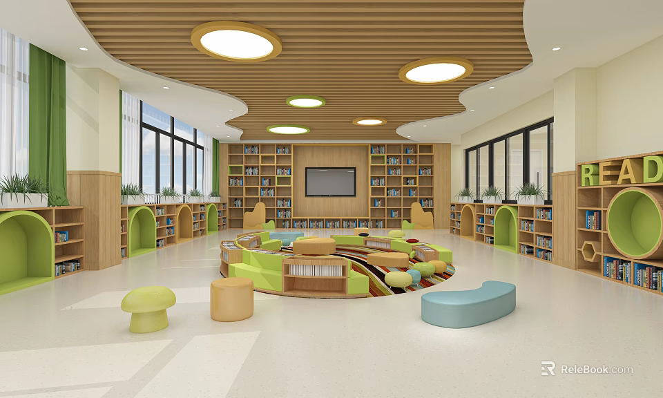 Children's Library Art Design With Circular Reading Area Colorful Seats Wooden Bookshelves And Large Windows 3d model 