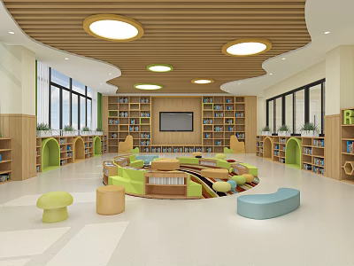 Children's Library Art Design With Circular Reading Area Colorful Seats Wooden Bookshelves And Large Windows 3d model