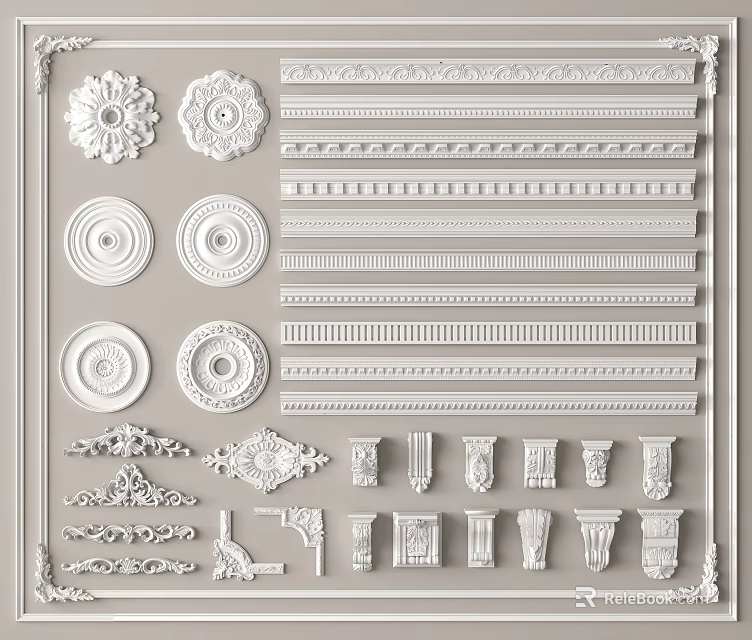 Gypsum Crown Molding Collection Featuring Various Decorative Designs And Ornate Patterns 3d model