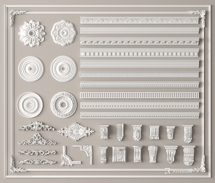 Gypsum Crown Molding Collection Featuring Various Decorative Designs And Ornate Patterns 3d model 