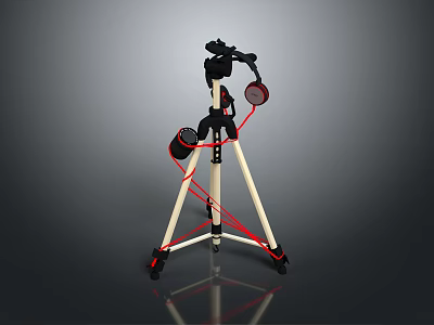 Professional Commercial Equipment Tripod Stand With Black Microphone And Red Cables 3d model