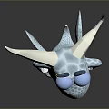 Cartoon Style 3D Game Character With Blue Body White Horns Red Eyes Hands On Hips