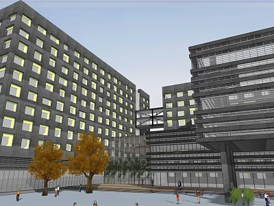 Modern Hotel Building With Contemporary Facade Glass Windows And Yellow Trees In Plaza Area 3d model