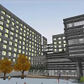 Modern Hotel Building With Contemporary Facade Glass Windows And Yellow Trees In Plaza Area
