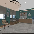 Cozy Waiting Room Interior Featuring Teal Walls Curtains Chairs Tables And Decorative Posters