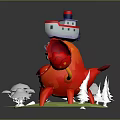 Cartoon Red Crab With Small Ship House On Back And White Clouds Around Green Base