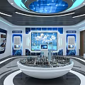 Hi tech Exhibition Hall Featuring Blue Background Circular Platform Display Models And Information Panels