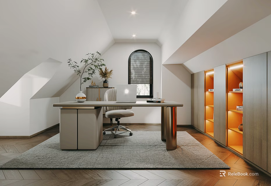 Modern Home Office Interior Design With Wooden Desk Chair Potted Plant Arched Window And Bookshelves 3d model 