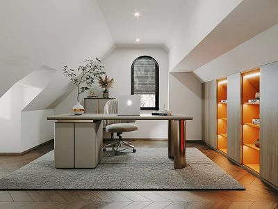 Modern Home Office Interior Design With Wooden Desk Chair Potted Plant Arched Window And Bookshelves 3d model