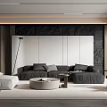 Modern Living Room Interior Design With Gray Sofa Round Coffee Table And Dark Accent Wall