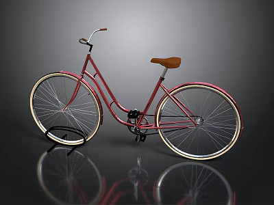 Red Vintage Bicycle With Brown Seat And Gold Rimmed Wheels On Reflective Surface 3d model