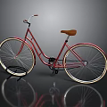 Red Vintage Bicycle With Brown Seat And Gold Rimmed Wheels On Reflective Surface