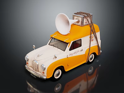 Vintage Yellow And White Van With Large Horn And Box On Roof 3d model
