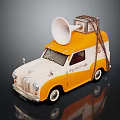 Vintage Yellow And White Van With Large Horn And Box On Roof