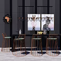 Modern Bar Counter With Metal Stools Decorative Paintings And Hanging Chandelier On Black Wall