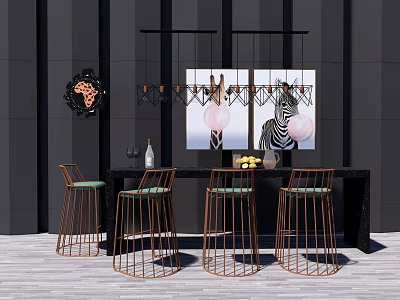 Modern Bar Counter With Metal Stools Decorative Paintings And Hanging Chandelier On Black Wall 3d model