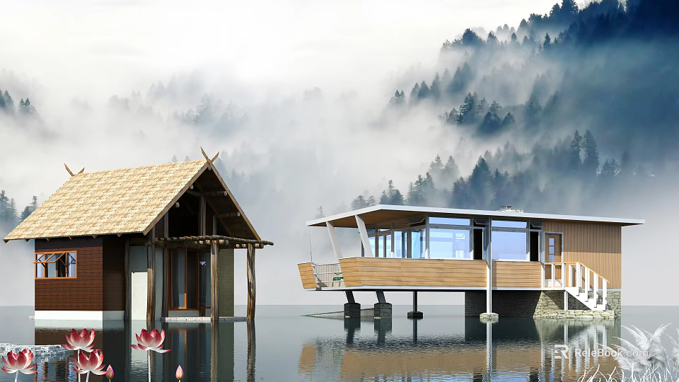 Misty Lake View Detached Villa With Wooden Structure And Thatched Roof Surrounded By Mountains 3d model 