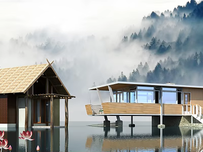 Misty Lake View Detached Villa With Wooden Structure And Thatched Roof Surrounded By Mountains 3d model