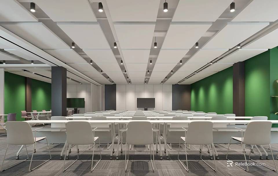 Modern Conference Room Interior With White Tables Chairs Green Walls And Ceiling Lights 3d model 