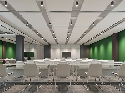 Modern Conference Room Interior With White Tables Chairs Green Walls And Ceiling Lights 3d model
