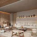 Warm Hotel Public Lounge Area With Wooden Walls Beige Sofa Pottery Decorations And Rattan Stools