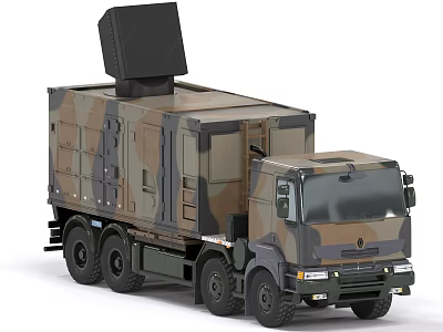 Camouflage Military Truck Featuring Large Black Equipment On Top And Multiple Wheel Design 3d model